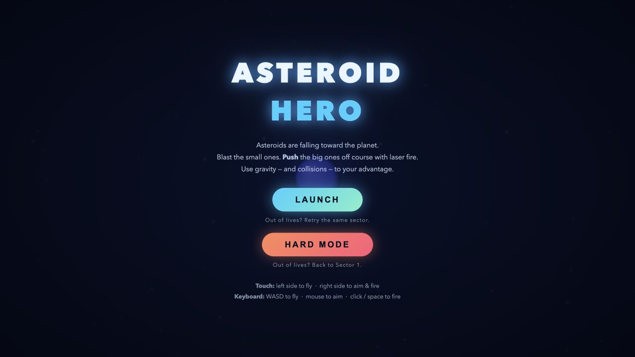 Asteroid Hero title screen with launch and hard mode buttons against a dark space background