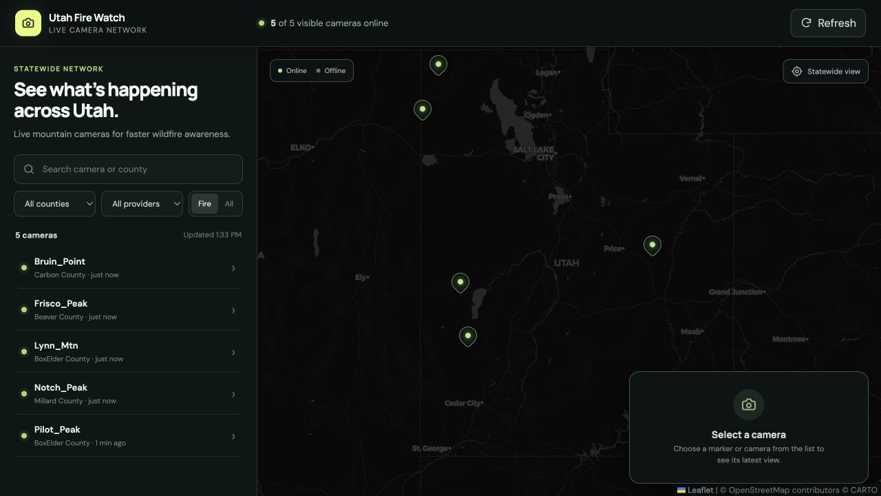 Utah Fire Watch showing a dark statewide map with five live camera markers and a searchable camera list