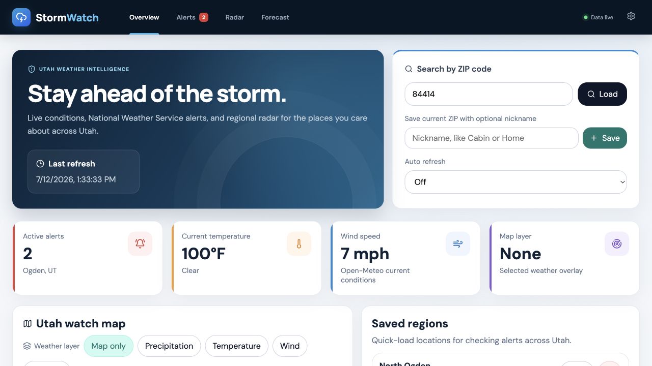 StormWatch dashboard showing Utah weather alerts, current temperature, wind, map controls, and saved regions